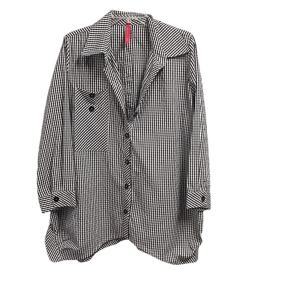 IC By Connie K Black White Gingham Button Back Blouse Size XL Plaid Classic